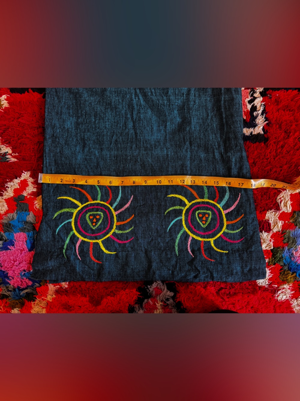60s Vintage Blue Linen Mexican Tourist Dress w Embroidered Suns Sz SM - Picture 10 of 11